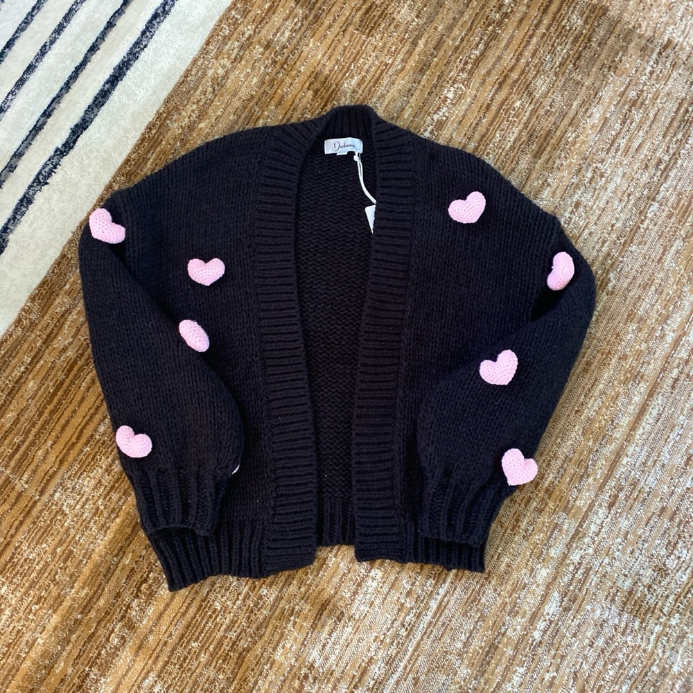Duchamp 3D Hearts Open Knit Cardigan Sweater